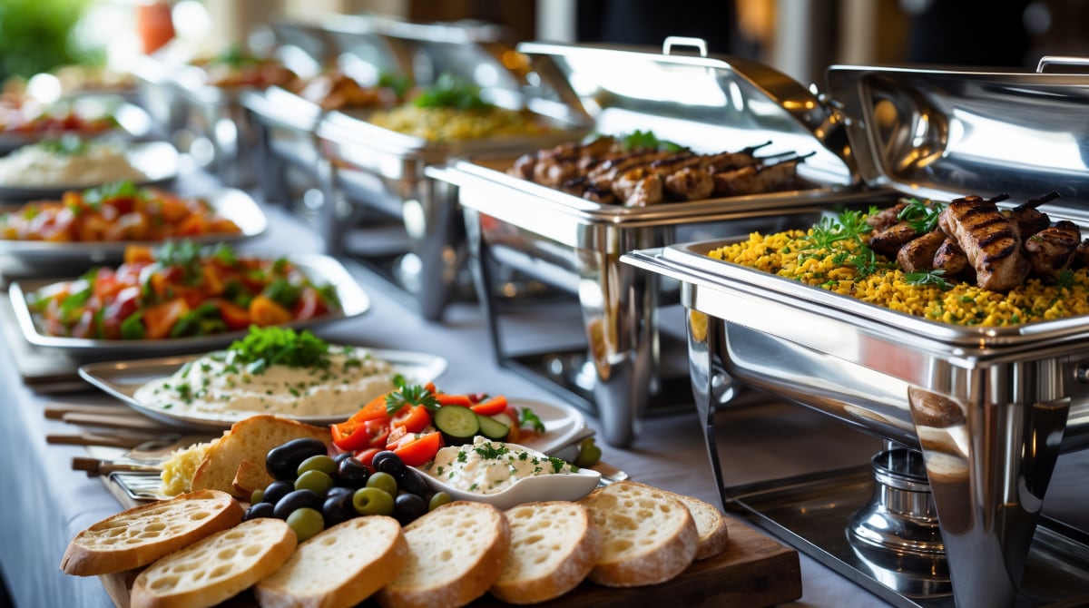 Buffet mit Brot, Salaten und Grillfleisch – Catering-Angebot d