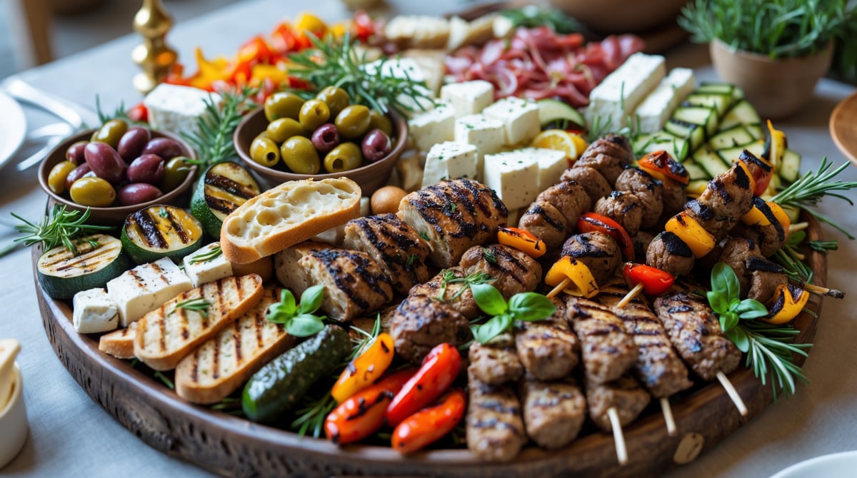 Platte mit gegrilltem Gemüse, Käse und Fleischspießen – kroatische Küche in Moers